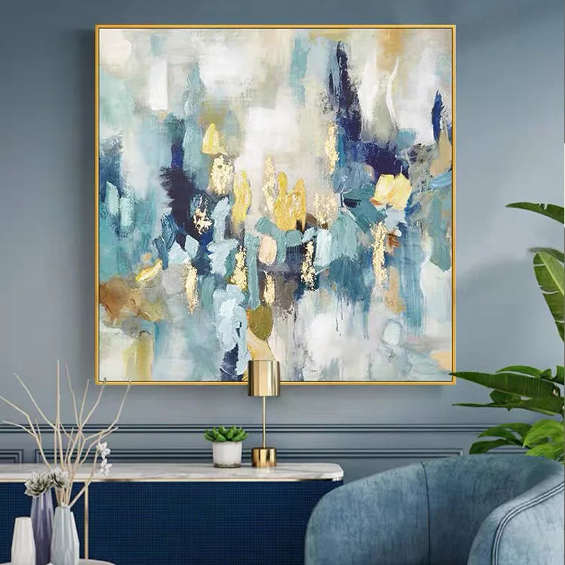 Modern Abstract Oil Painting on Canvas, Pink Flower Wall Art, Hand Painted, No Frame, Gold Foil Texture, Living Room, Home Decor